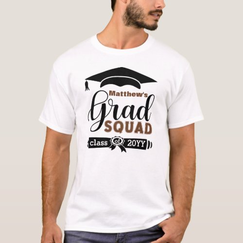 Black  Brown Text Custom Mens White Grad Squad T_Shirt