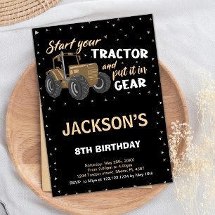 Black Brown Tractor Birthday Invitations