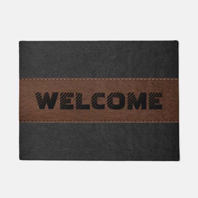 Black & Brown Vintage Leather Geometric Design Doormat (Front)