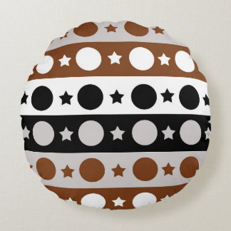 Black Brown White Dots Stars Stripes Design Round Pillow