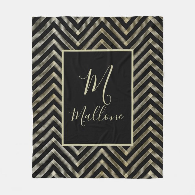 Black, Brownish & Gold Elegant Monogram Fleece Blanket (Front)