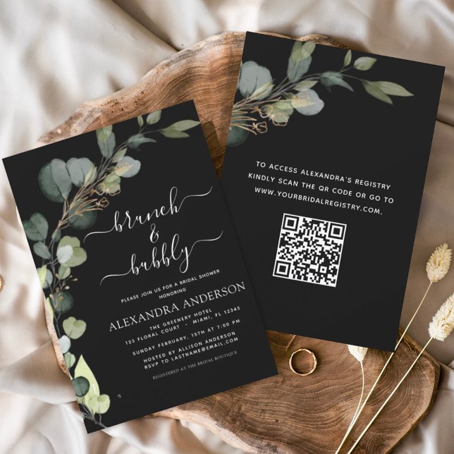 Black Brunch & Bubbly QR Code Eucalyptus  Invitation (Creator Uploaded)