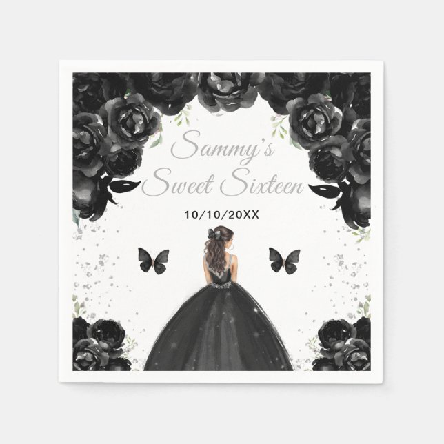 Black Brunette Hair Princess Sweet Sixteen Napkins (Front)