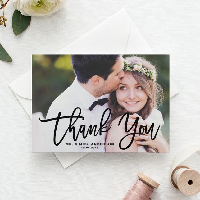 Black Brush Calligraphy Script Wedding Thank You Postcard (Creator Uploaded)
