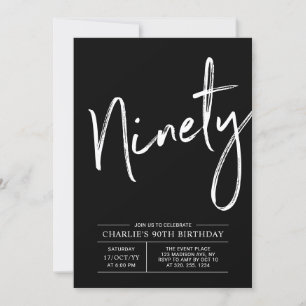 Black Brush Lettering Ninety 90th Birthday Party Invitation