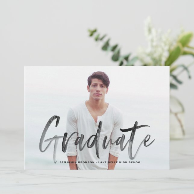 Black Brush Lettering Photo Graduation Invitation (Standing Front)