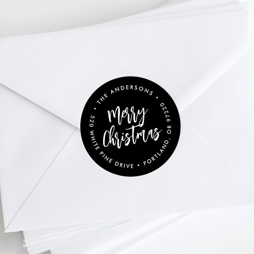 Black Brush Script Holiday Return Address Classic Round Sticker