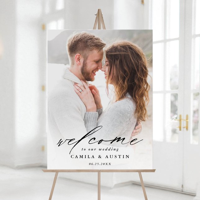 Black Brush Script Wedding Photo Welcome Foam Board (Creator Uploaded)