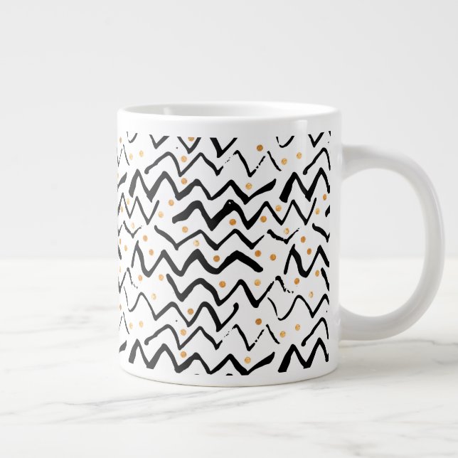 Black Brush Strokes & Dots Pattern Giant Coffee Mug (Right)
