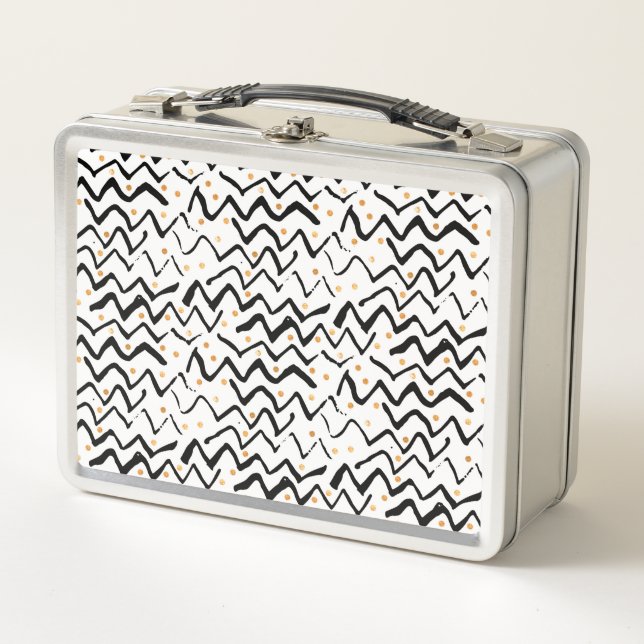 Black Brush Strokes & Dots Pattern Metal Lunch Box (Front)
