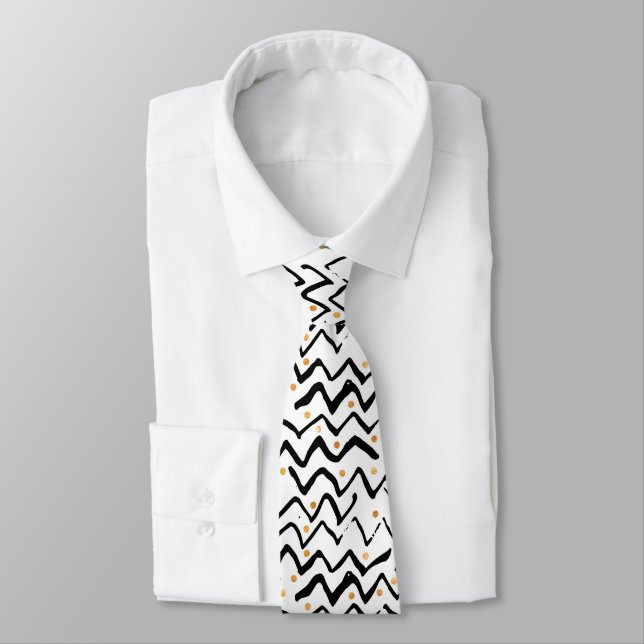 Black Brush Strokes & Dots Pattern Neck Tie (Tied)