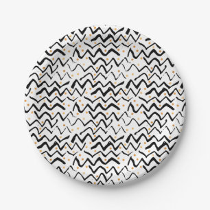 Black Brush Strokes & Dots Pattern Paper Plates