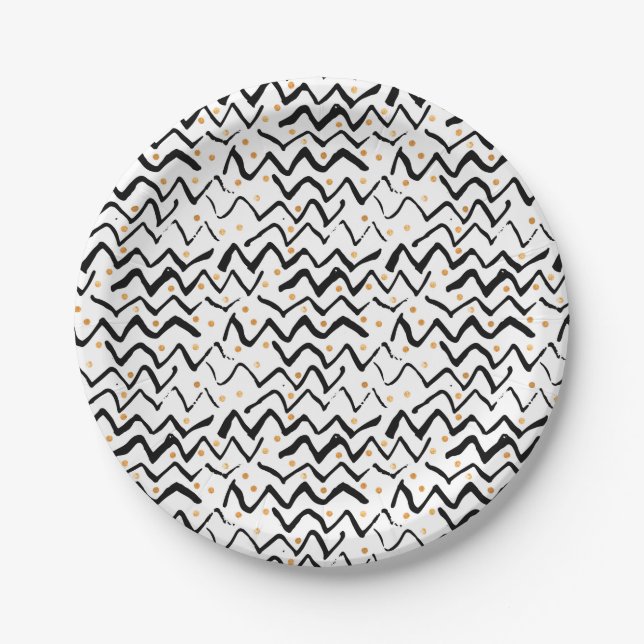 Black Brush Strokes & Dots Pattern Paper Plates (Front)