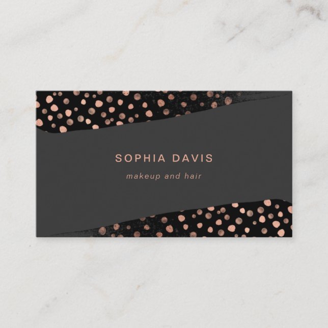 Black Brush Strokes with Faux Rose Gold Dots Business Card (Front)