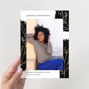 Black Brush with Faux Gold Botanical Graduation Invitation