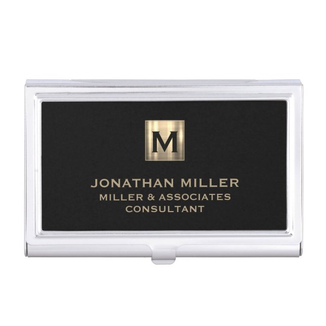 Black Brushed Gold Monogram Business Card Case (Front)