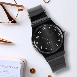 Black Brushed Metal and White Monogrammed Initials Watch