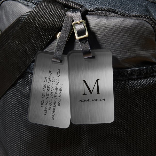 Black Brushed Metallic Personalized Monogram chic  Luggage Tag (Creator Uploaded)