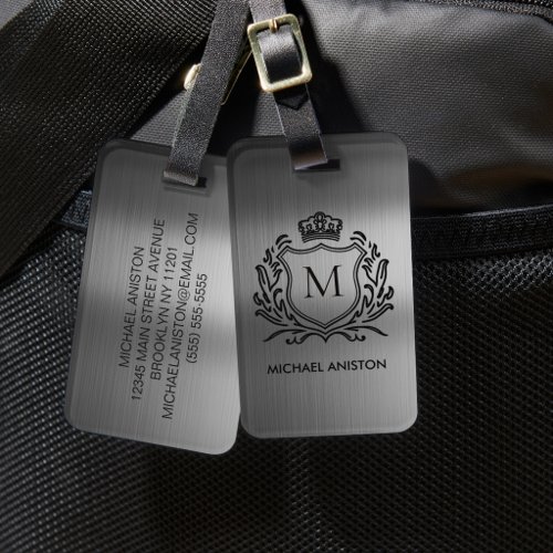 Black Brushed Metallic Royal Crest Emblem Monogram Luggage Tag