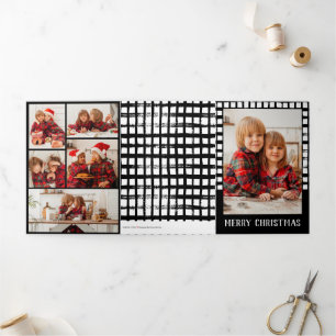 Black Brushstroke Plaid Photo TriFold Holiday Card