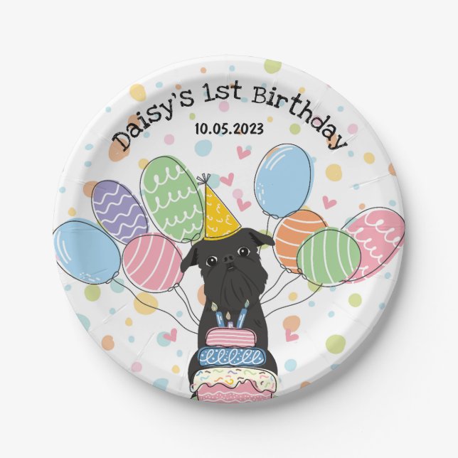 Black Brussels Griffon Dog Birthday Party Paper Plates (Front)