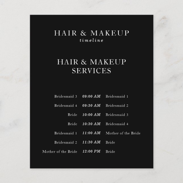 Black Budget Wedding Hair Makeup Timeline Flyer (Front)