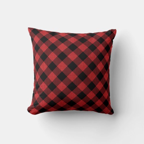 Black Buffalo Check Diagonal Plaid Red Linen Photo Throw Pillow