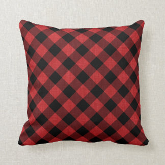 Black Buffalo Check Diagonal Plaid Red Linen Photo Throw Pillow