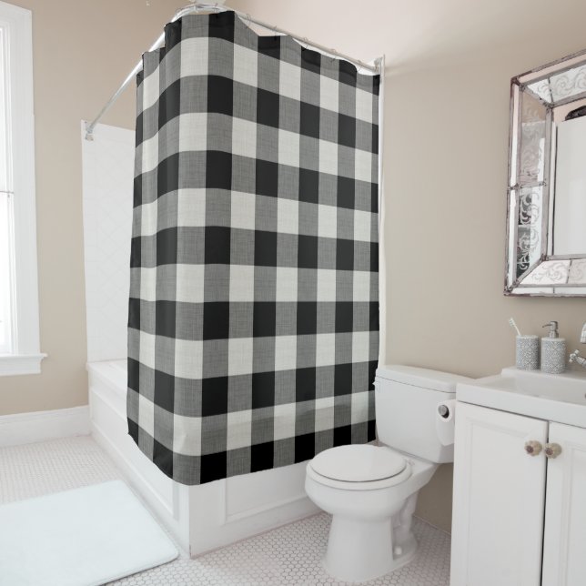Black Buffalo Check | Farmhouse Bath Decor Shower Curtain (In Situ)