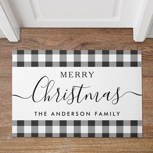 Black Buffalo Check Merry Christmas Family Name Doormat