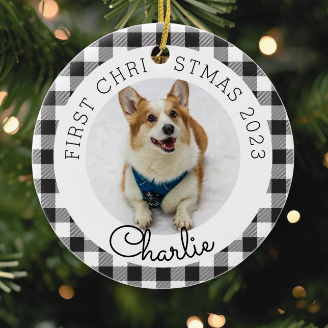 Black Buffalo Check Pet's First Christmas Photo Ceramic Ornament (Creator Uploaded)