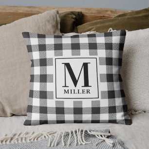 Black Buffalo Check Plaid Family Name Monogram Throw Pillow