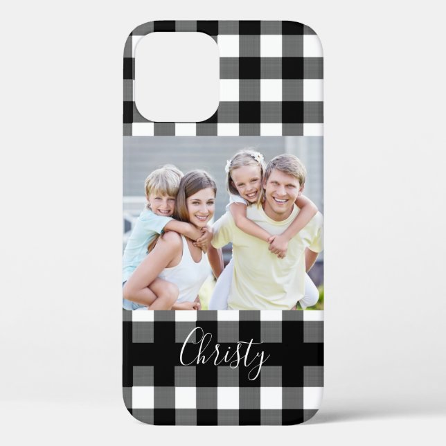 Black Buffalo Check Plaid Photo Script Name Case-Mate iPhone Case (Back)