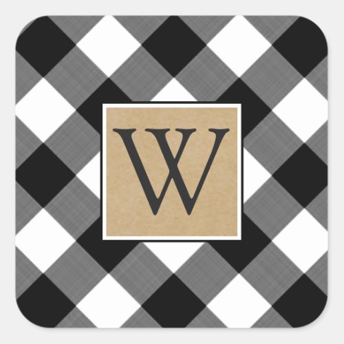 Black Buffalo Plaid Brown Kraft Monogram Square Sticker