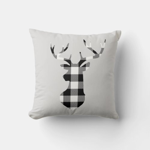 Black Buffalo Plaid Christmas Deer Silhouette Throw Pillow
