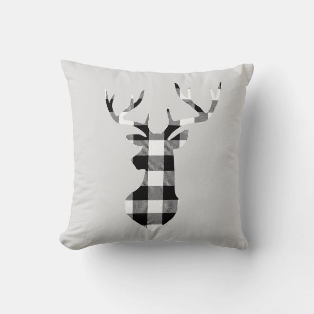 Black Buffalo Plaid Christmas Deer Silhouette Throw Pillow (Front)