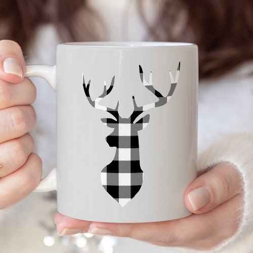 Black Buffalo Plaid Christmas Deer Silhouette Two_Tone Coffee Mug