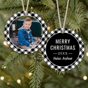 Black Buffalo Plaid Christmas Kids Name Photo Ornament