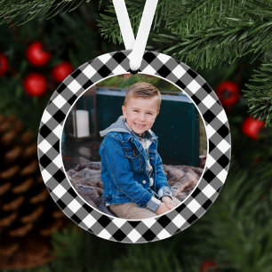 Black Buffalo Plaid Christmas Kids Name Photo Ornament