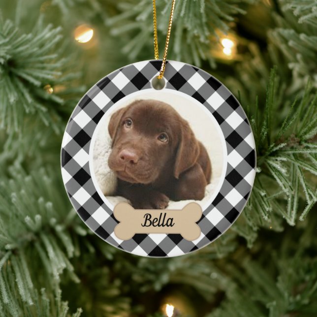 Black Buffalo Plaid Custom Puppy Dog Photo Ceramic Ornament (Tree)
