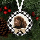 Black Buffalo Plaid Custom Puppy Dog Photo Ornament<br><div class="desc">Feature your favorite pets on your Christmas tree! This festive ornament features a favorite photo of your dog (or other pet) with a tan dog bone name plate that can be personalized with a name and a stylish black and white buffalo check plaid patterned background. Tip: crop your photo to...</div>