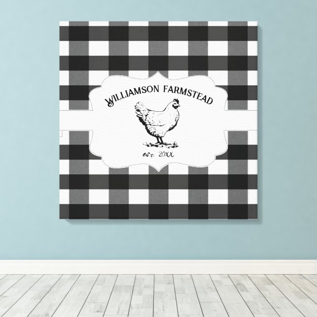 Black Buffalo Plaid Farm Chicken Canvas Print (Insitu(Wood Floor))
