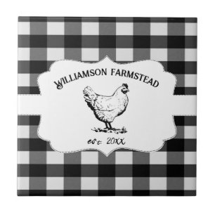 Black Buffalo Plaid Farm Chicken Decorative Ceramic Tile