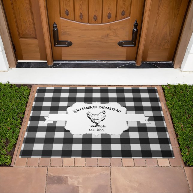 Black Buffalo Plaid Farm Chicken Doormat (Outdoor)