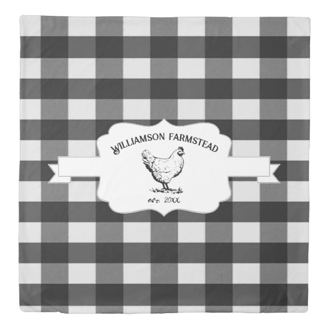 Black Buffalo Plaid Farm Chicken Duvet Cover (Front)