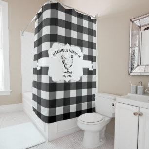 Black Buffalo Plaid Farm Chicken Shower Curtain
