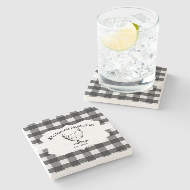 Black Buffalo Plaid Farm Chicken Stone Coaster (Side)