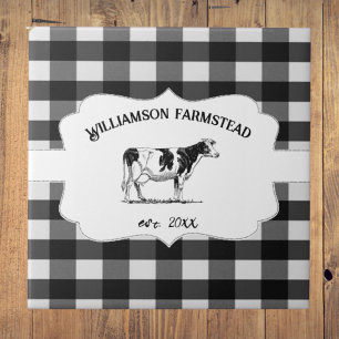 Black Buffalo Plaid Farm Cow Decorative Ceramic Tile