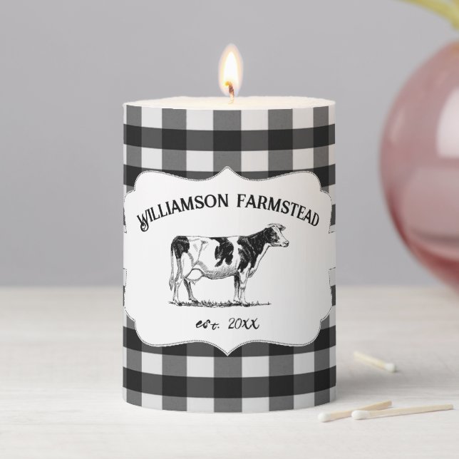Black Buffalo Plaid Farm Cow Pillar Candle (In Situ)