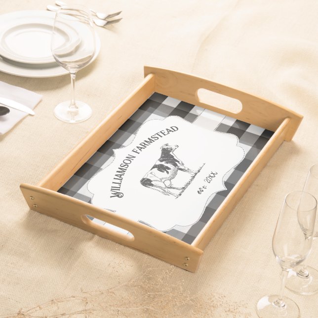 Black Buffalo Plaid Farm Cow Serving Tray (Front)